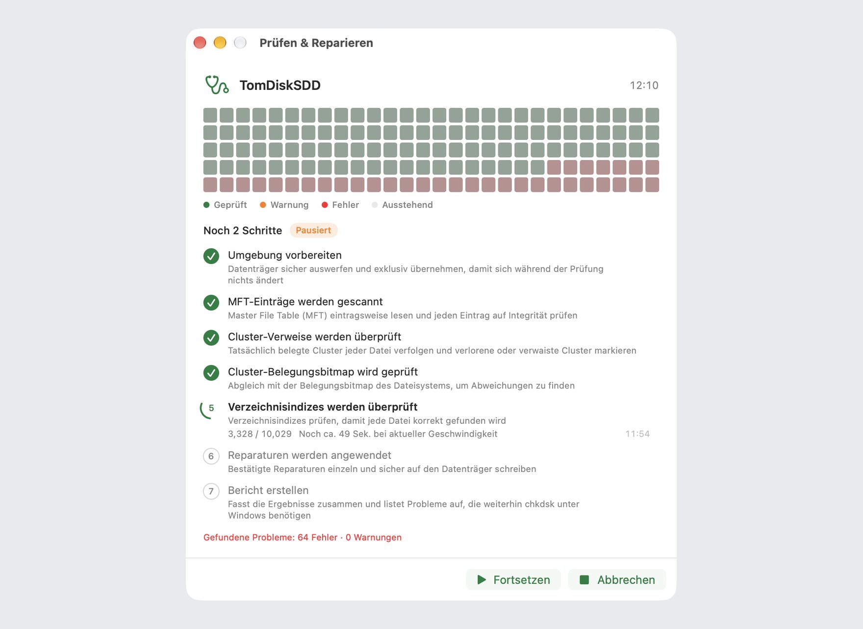 Laufende Datenträgerprüfung und -reparatur in DiskBee: mehrstufiger Scan eines NTFS-Laufwerks mit Fortschrittsanzeige