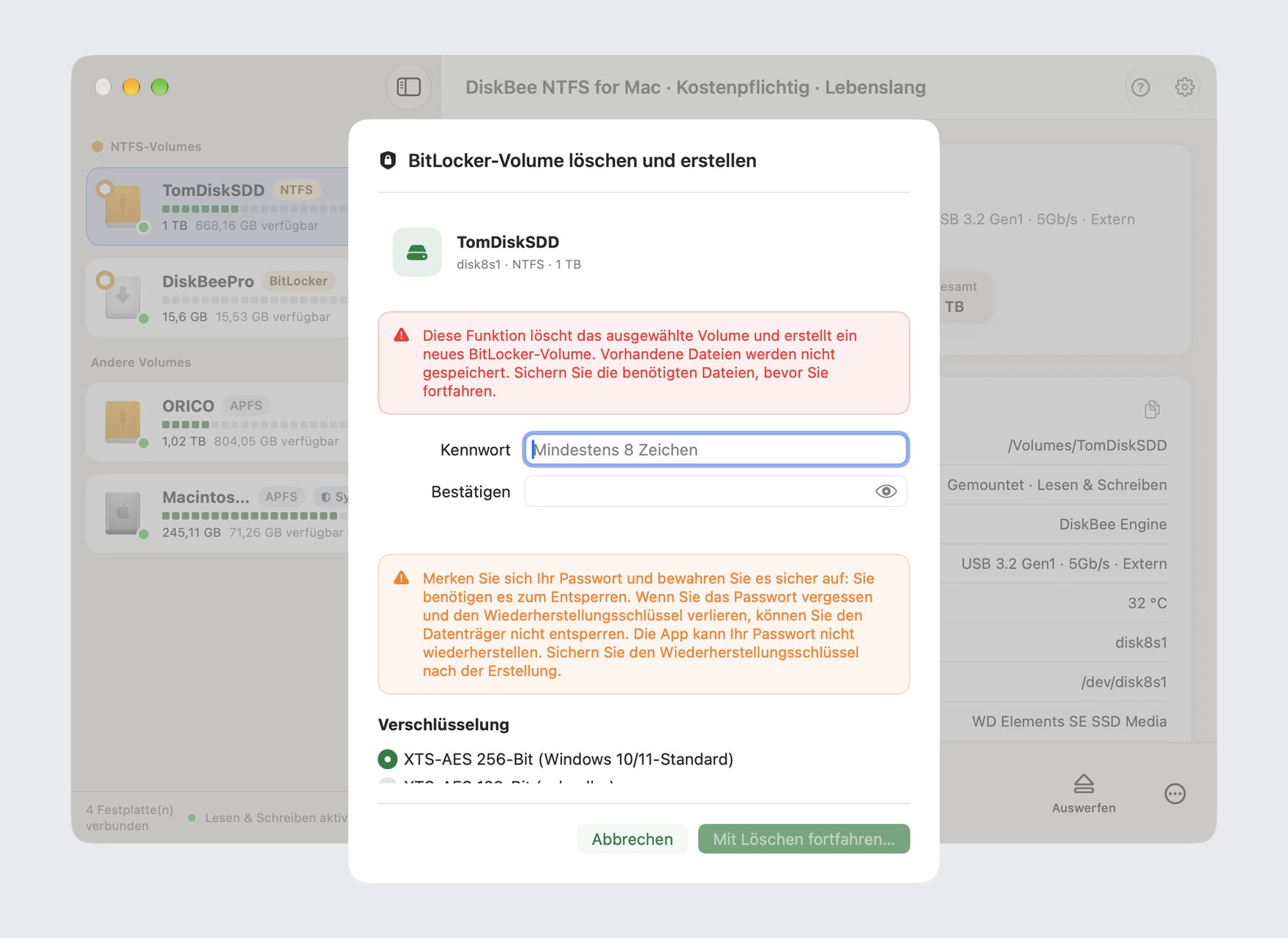 DiskBee-Panel zum Erstellen und Verschlüsseln eines NTFS-Laufwerks auf dem Mac