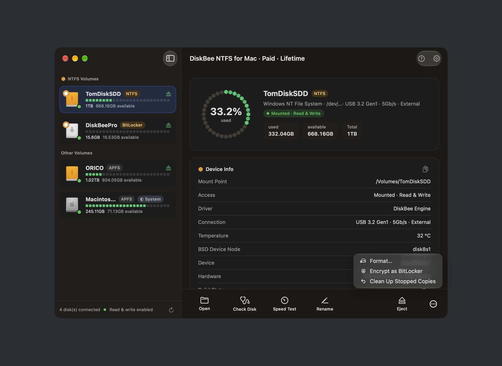 DiskBee app interface: NTFS drive list, read-write mounting and disk check & repair