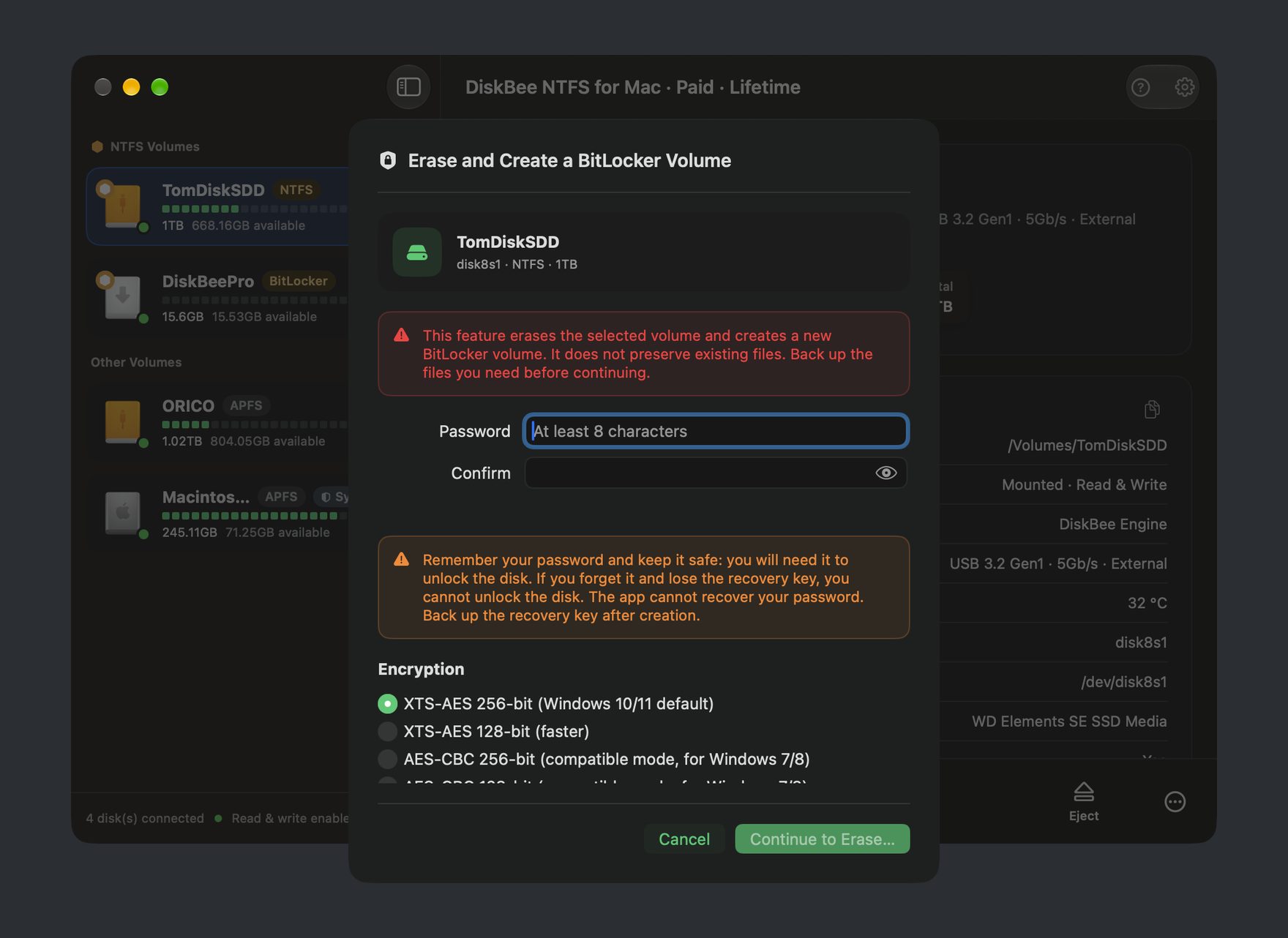 DiskBee create and encrypt panel for an NTFS drive on Mac
