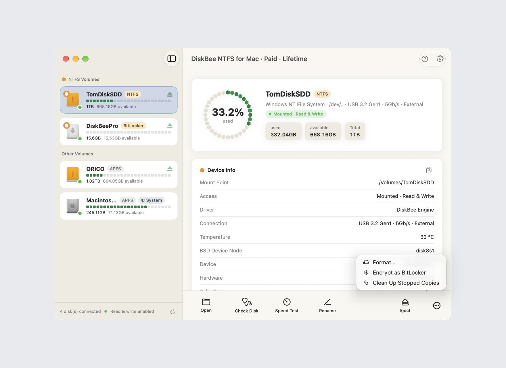 DiskBee app interface: NTFS drive list, read-write mounting and disk check & repair