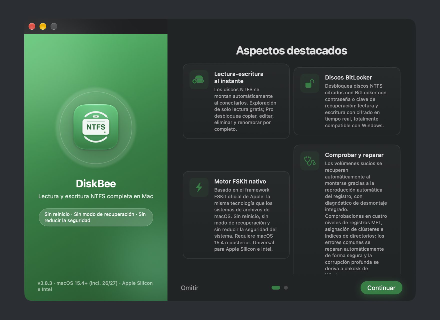 Pantalla de bienvenida de DiskBee: guía de inicio para leer y escribir discos NTFS en macOS