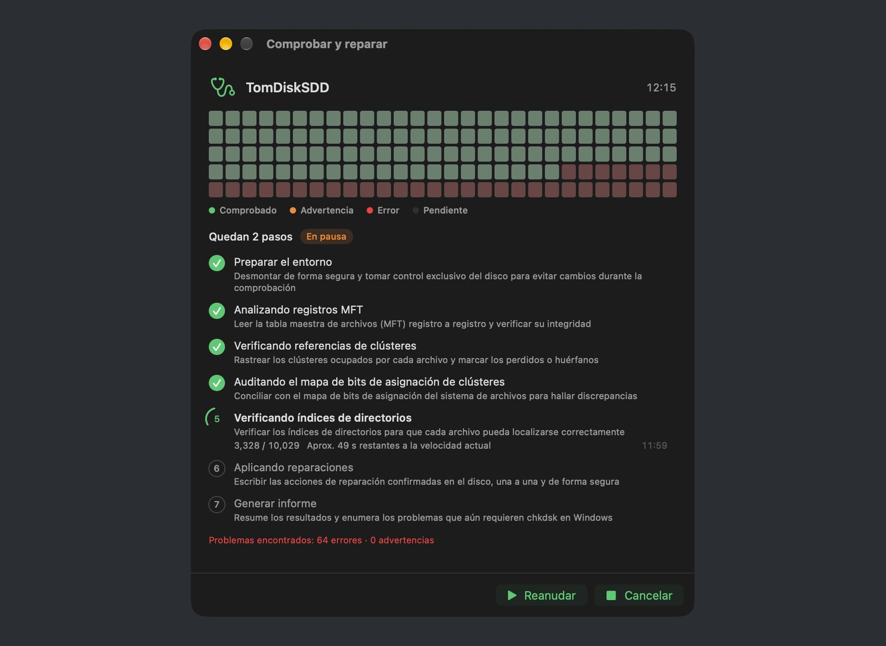 Verificación y reparación de disco en curso en DiskBee: escaneo por pasos de un disco NTFS con progreso en vivo