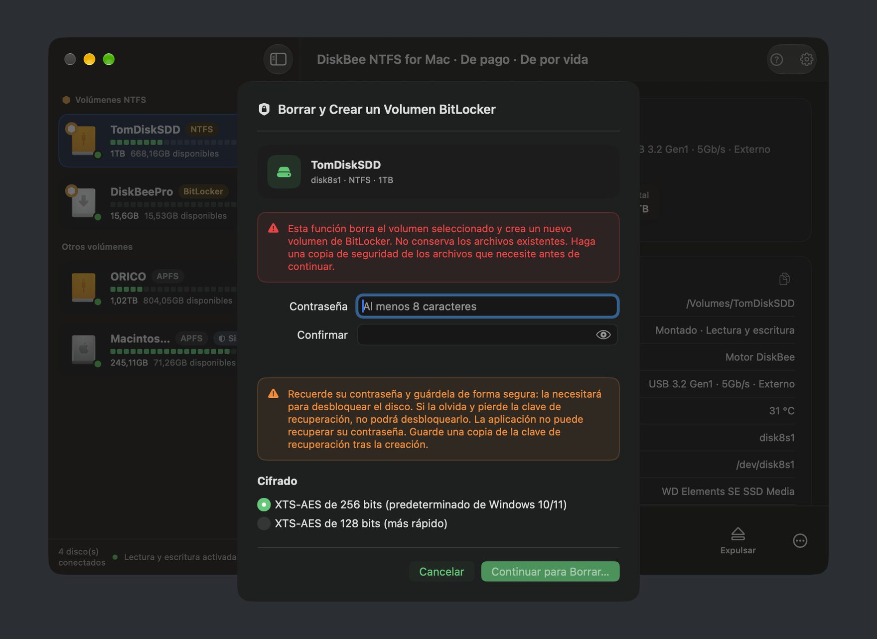 Panel de cifrado BitLocker de DiskBee: establecer contraseña y cifrar un disco NTFS