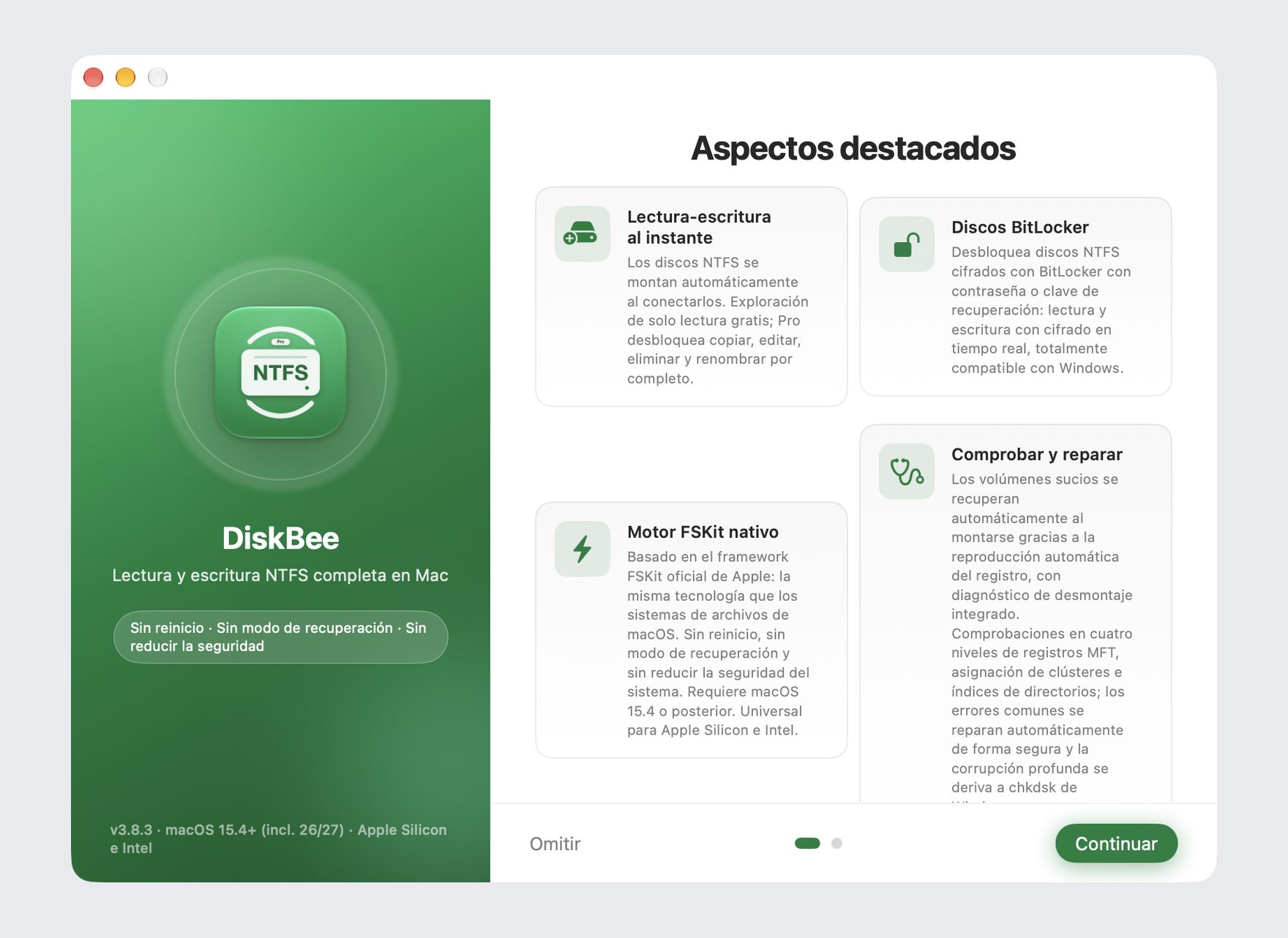 Pantalla de bienvenida de DiskBee: guía de inicio para leer y escribir discos NTFS en macOS