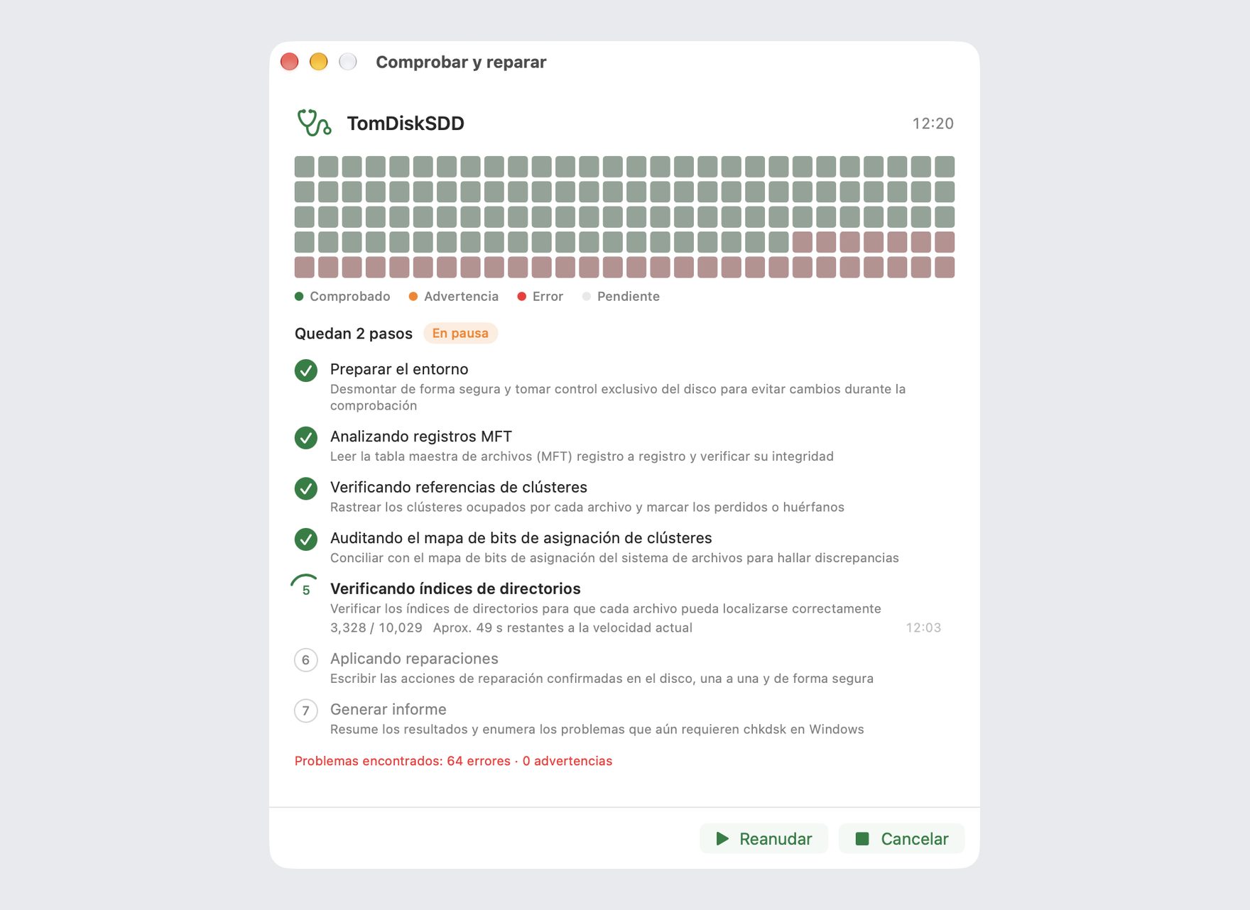 Verificación y reparación de disco en curso en DiskBee: escaneo por pasos de un disco NTFS con progreso en vivo