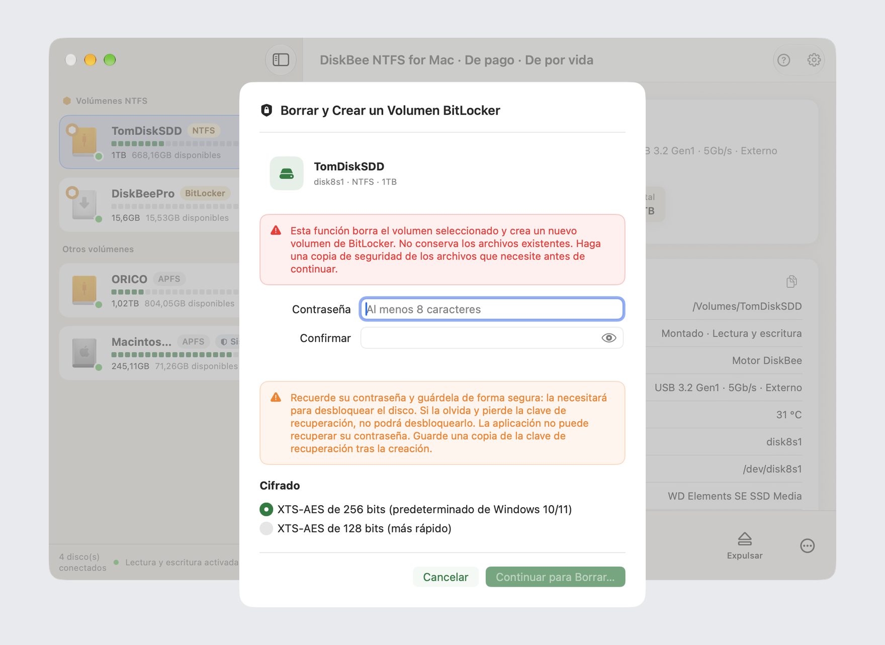 Panel de cifrado BitLocker de DiskBee: establecer contraseña y cifrar un disco NTFS