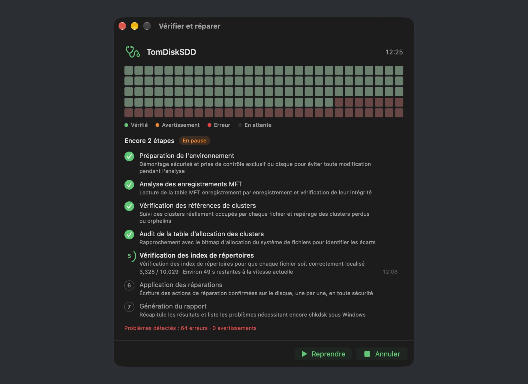 Vérification et réparation du disque en cours dans DiskBee : analyse par étapes d'un disque NTFS avec progression en direct