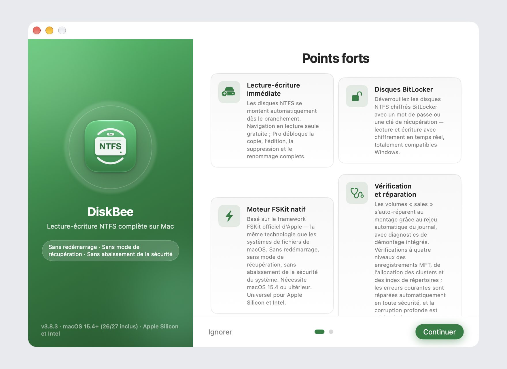 Écran d'accueil de DiskBee : guide de première configuration pour lire et écrire des disques NTFS sous macOS