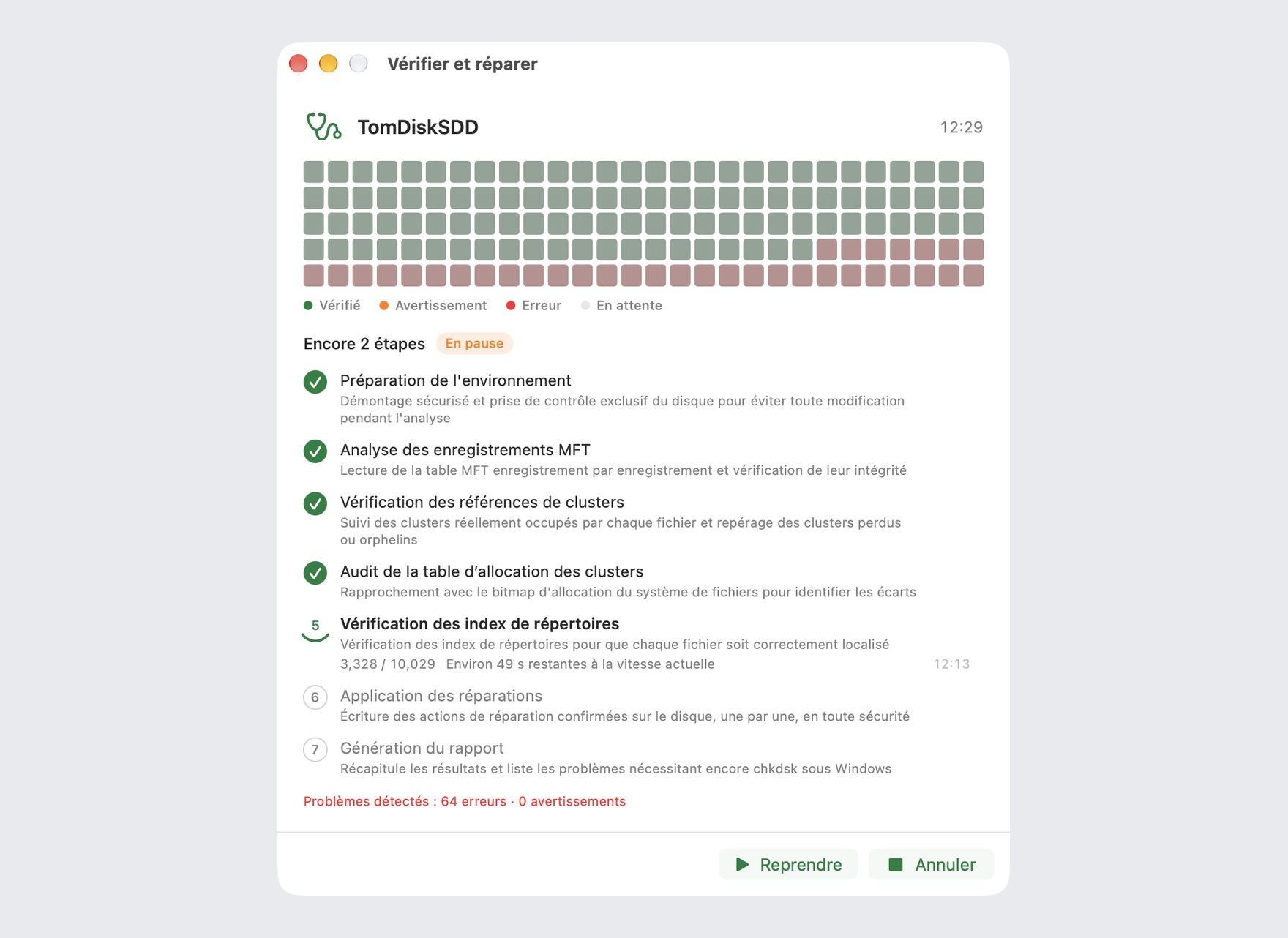 Vérification et réparation du disque en cours dans DiskBee : analyse par étapes d'un disque NTFS avec progression en direct