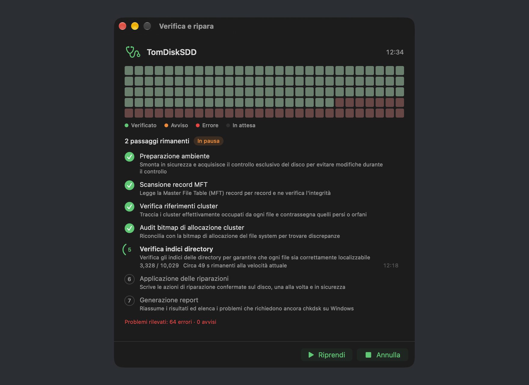 Verifica e riparazione del disco in corso in DiskBee: scansione a più passaggi di un disco NTFS con avanzamento in tempo reale