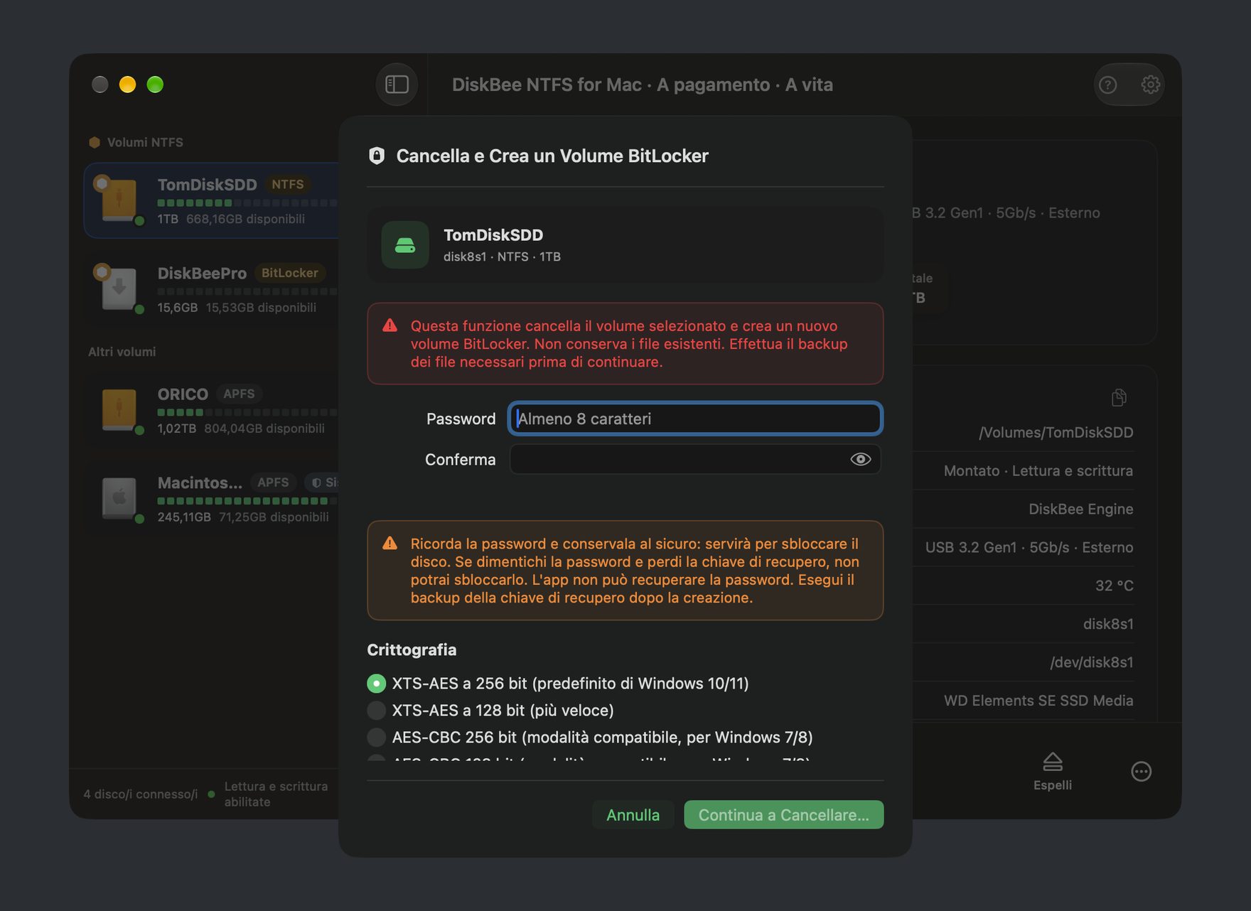 Pannello di DiskBee per creare e crittografare un’unità NTFS su Mac