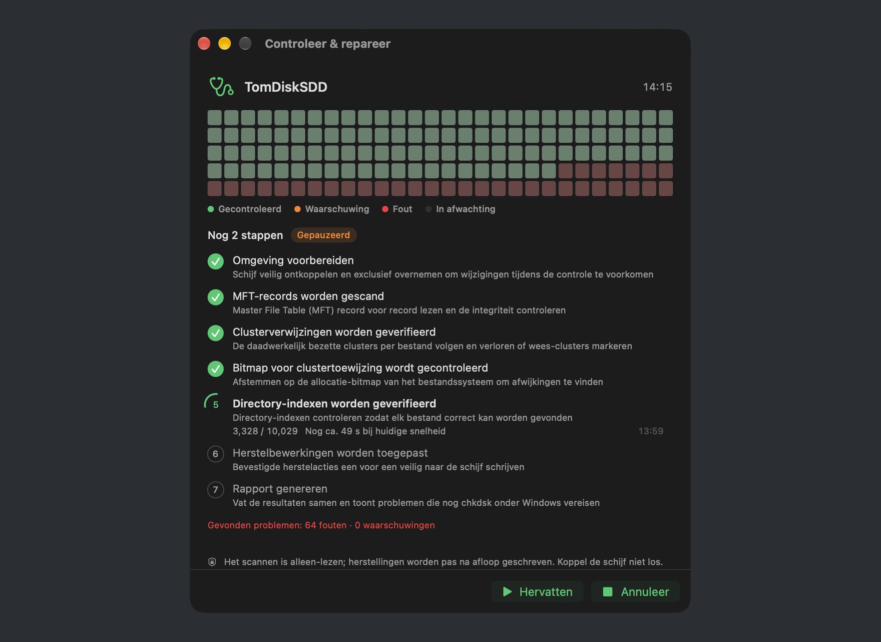 Schijfcontrole en -reparatie loopt in DiskBee: stapsgewijze scan van een NTFS-schijf met live voortgang