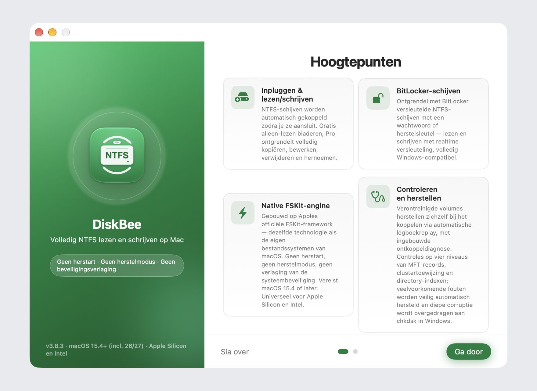 Welkomstscherm van DiskBee: eerste configuratie om NTFS-schijven in macOS te lezen en schrijven