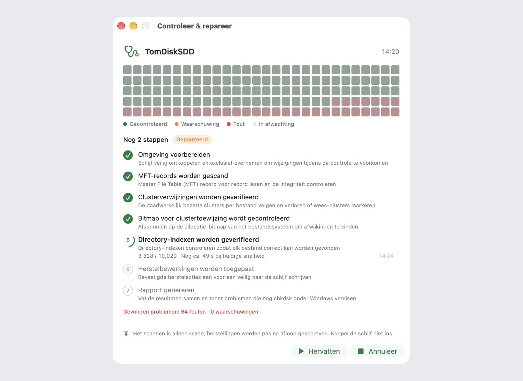 Schijfcontrole en -reparatie loopt in DiskBee: stapsgewijze scan van een NTFS-schijf met live voortgang