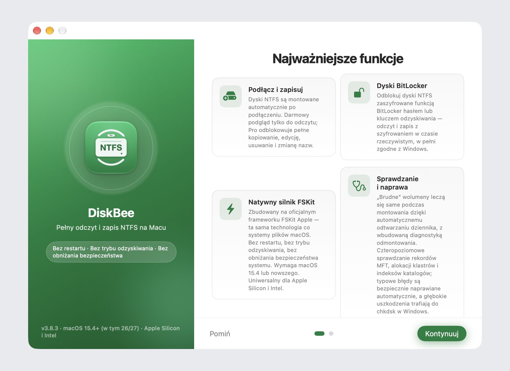 Ekran powitalny DiskBee: przewodnik pierwszej konfiguracji odczytu i zapisu dysków NTFS w macOS