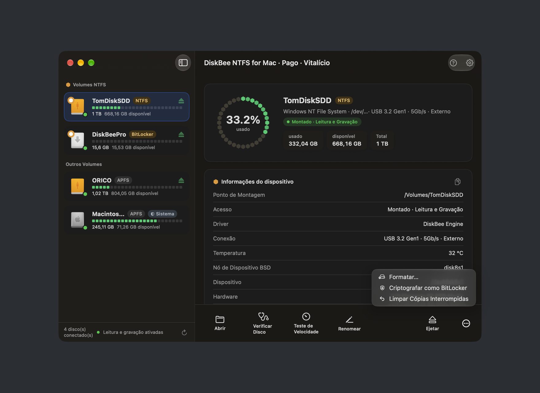 Interface do DiskBee: lista de discos NTFS, montagem de leitura-gravação e verificação e reparo de disco