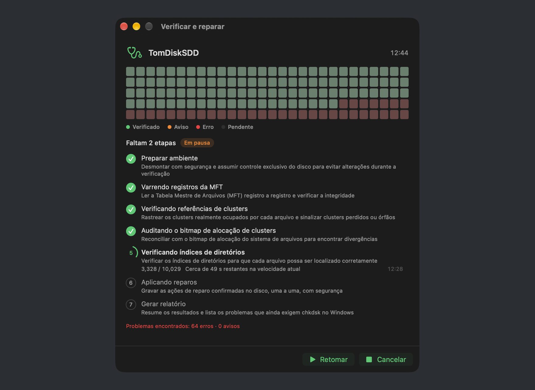 Verificação e reparo de disco em andamento no DiskBee: varredura em etapas de um disco NTFS com progresso ao vivo