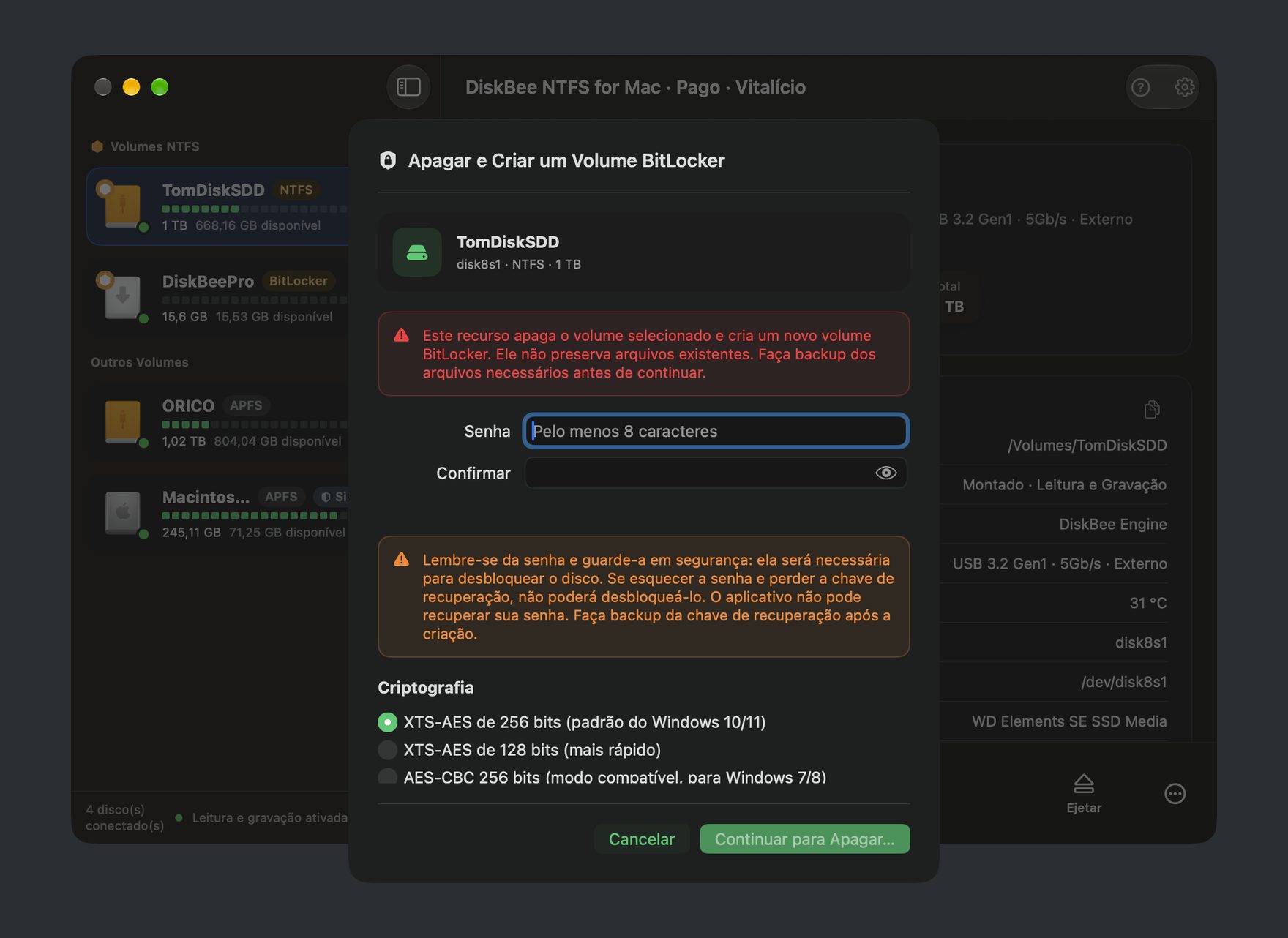 Painel de criptografia BitLocker do DiskBee: definir uma senha e criptografar um disco NTFS