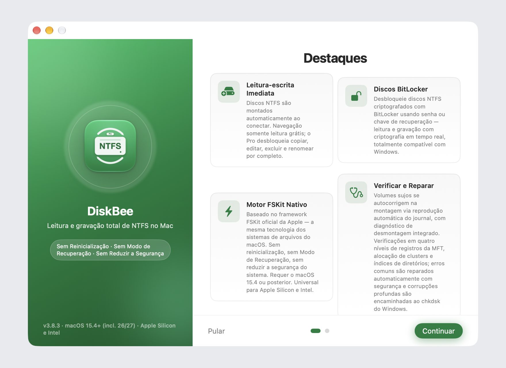 Tela de boas-vindas do DiskBee: guia de primeira configuração para ler e gravar discos NTFS no macOS