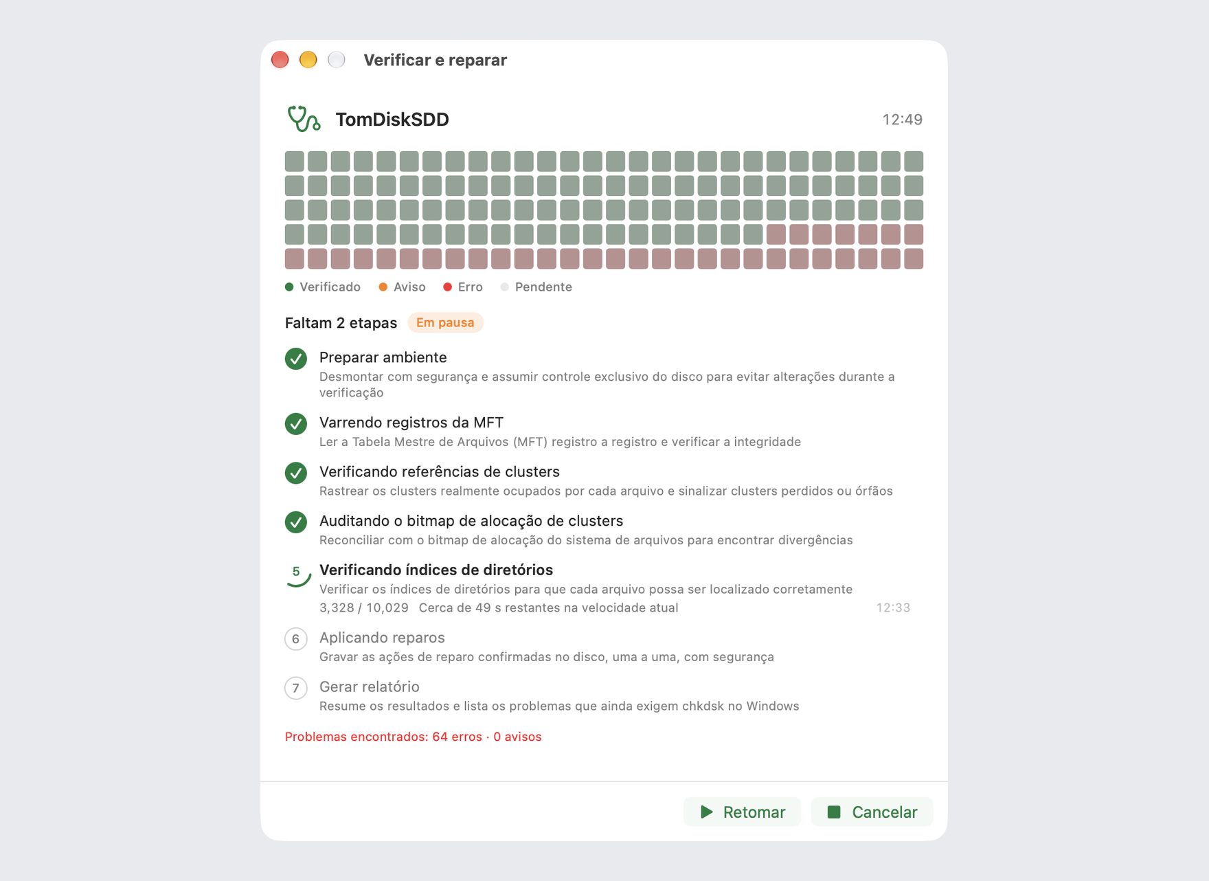 Verificação e reparo de disco em andamento no DiskBee: varredura em etapas de um disco NTFS com progresso ao vivo